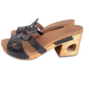 Dansko Oralee Wooden Heel Platform Sandal Womens 11 Black Leather Slide Open Toe